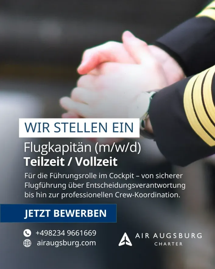 Stellenanzeige „Wir stellen ein - Flugkapitän (m/w/d), Teilzeit / Vollzeit“ vor gefalteten Händen eines Piloten in Uniform